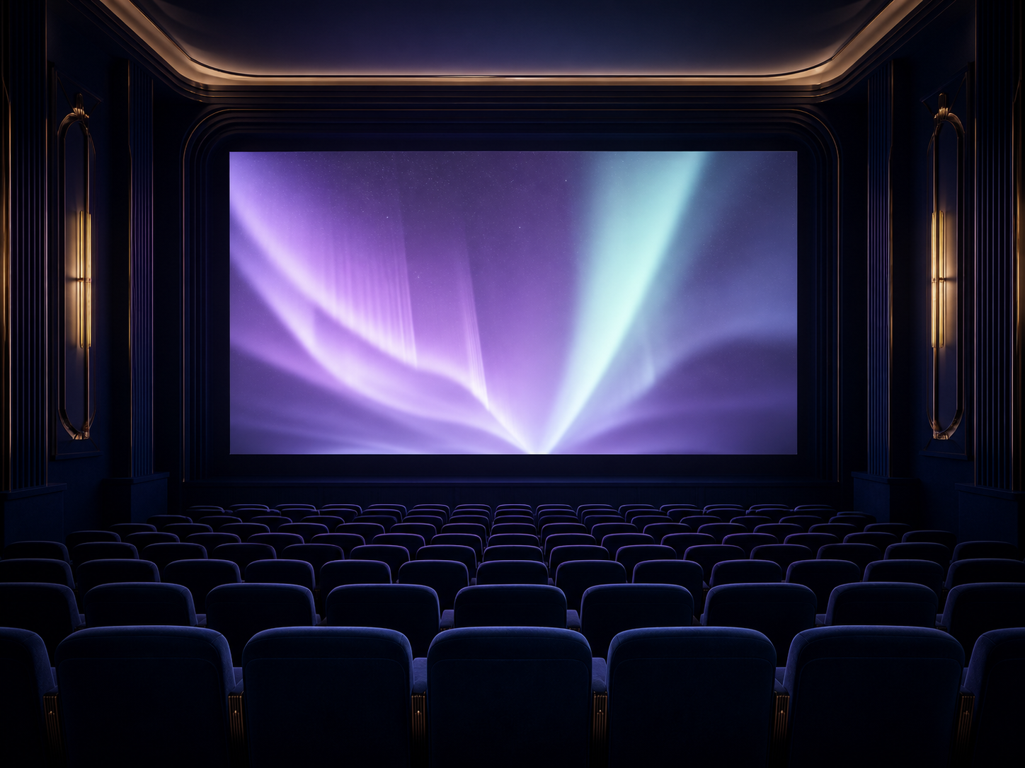 Sala de cine vacía con una pantalla iluminada en lavanda