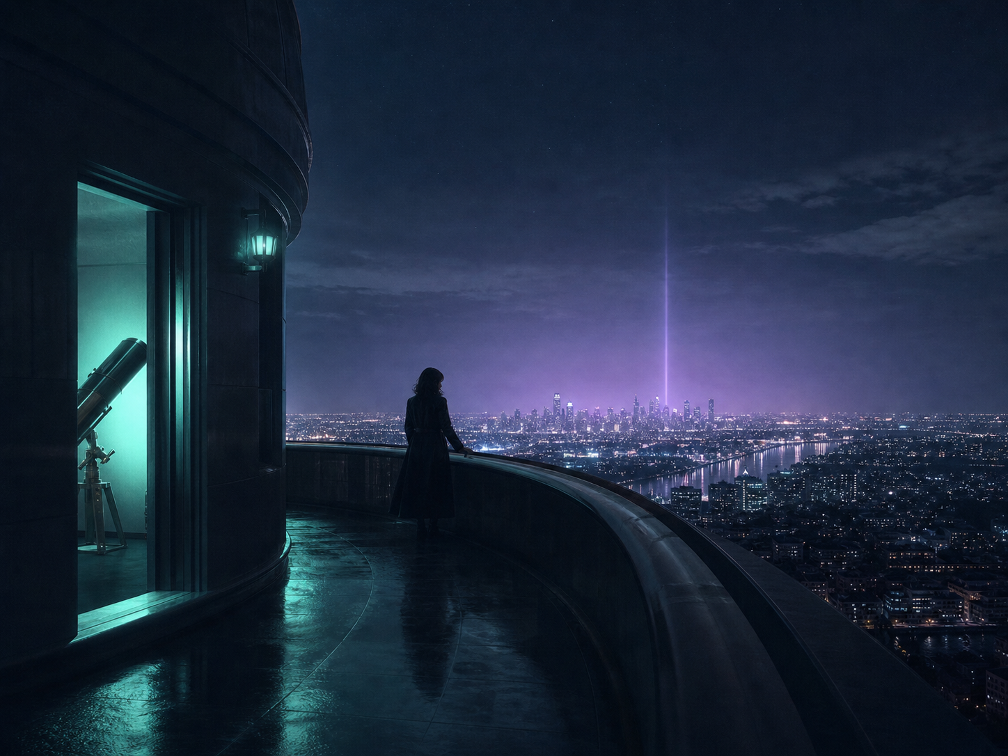 Persona en una terraza observando una ciudad iluminada por una señal violeta