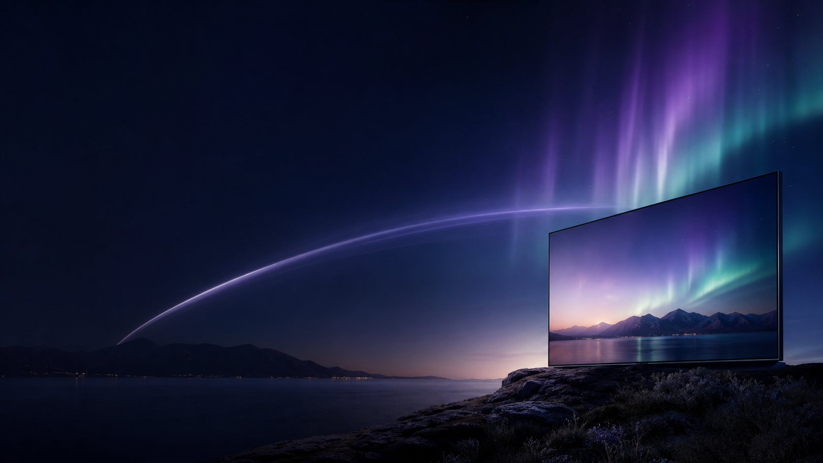 Una pantalla frente a un lago nocturno bajo una aurora lavanda y menta