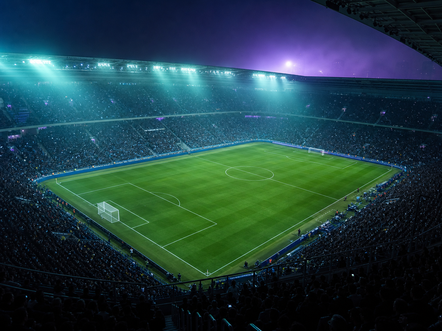 Estadio de fútbol iluminado bajo una noche azul y violeta