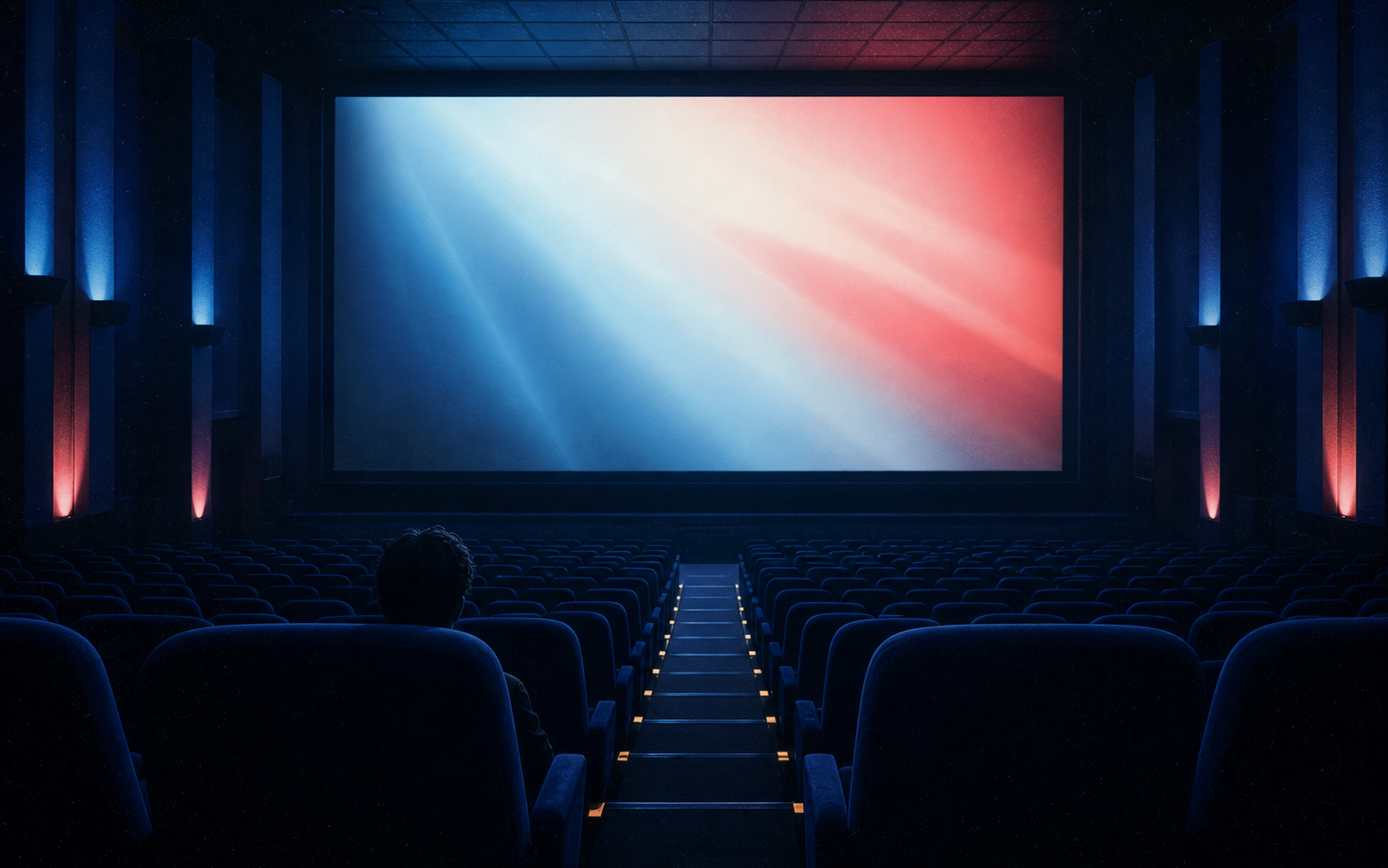 Sala de cine vacía con pantalla en tonos azul hielo y coral