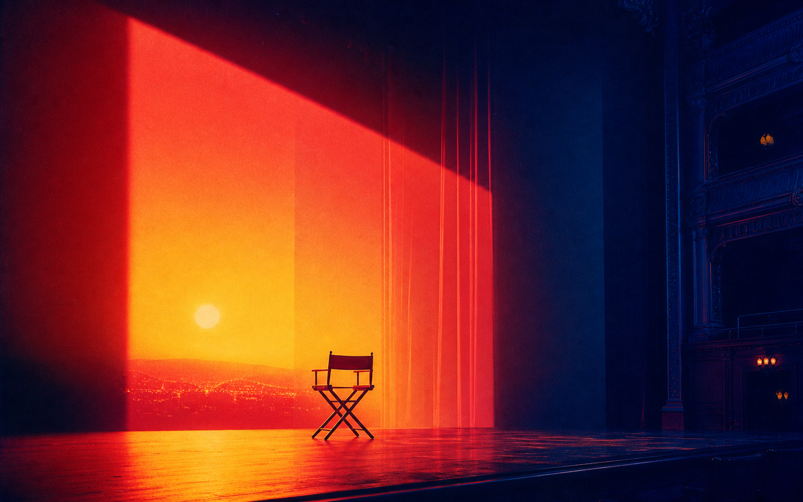 Escenario de teatro coral con una silla de director iluminada