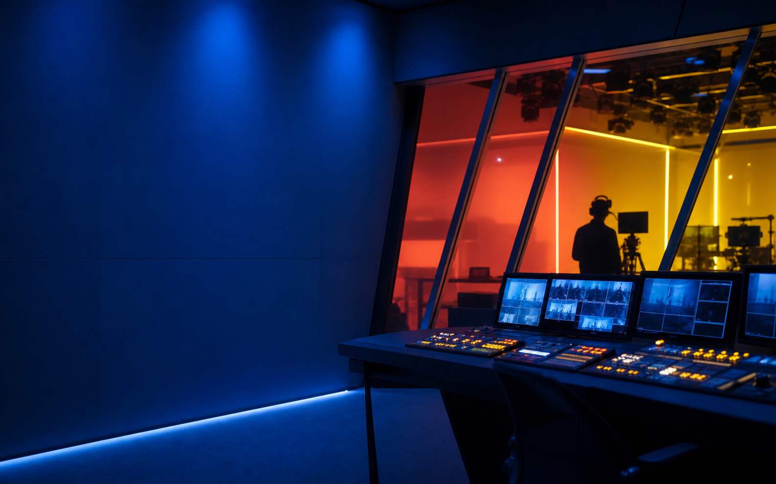 Estudio de transmisión iluminado en coral, azul y amarillo