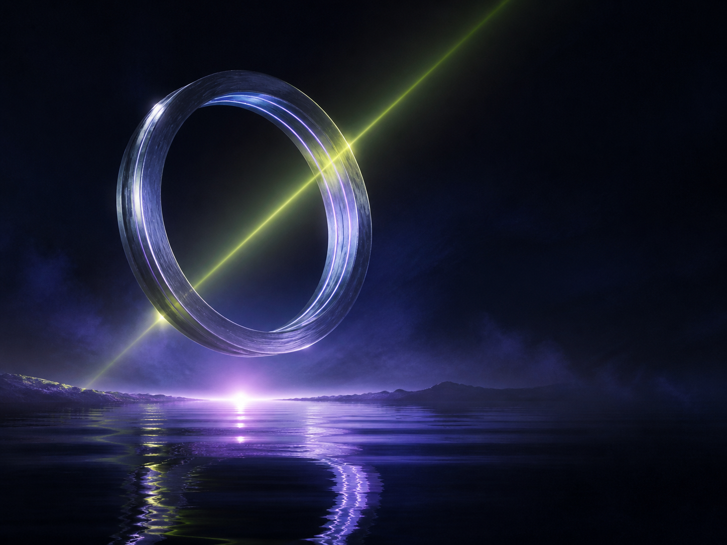 Portal circular suspendido sobre un mar nocturno