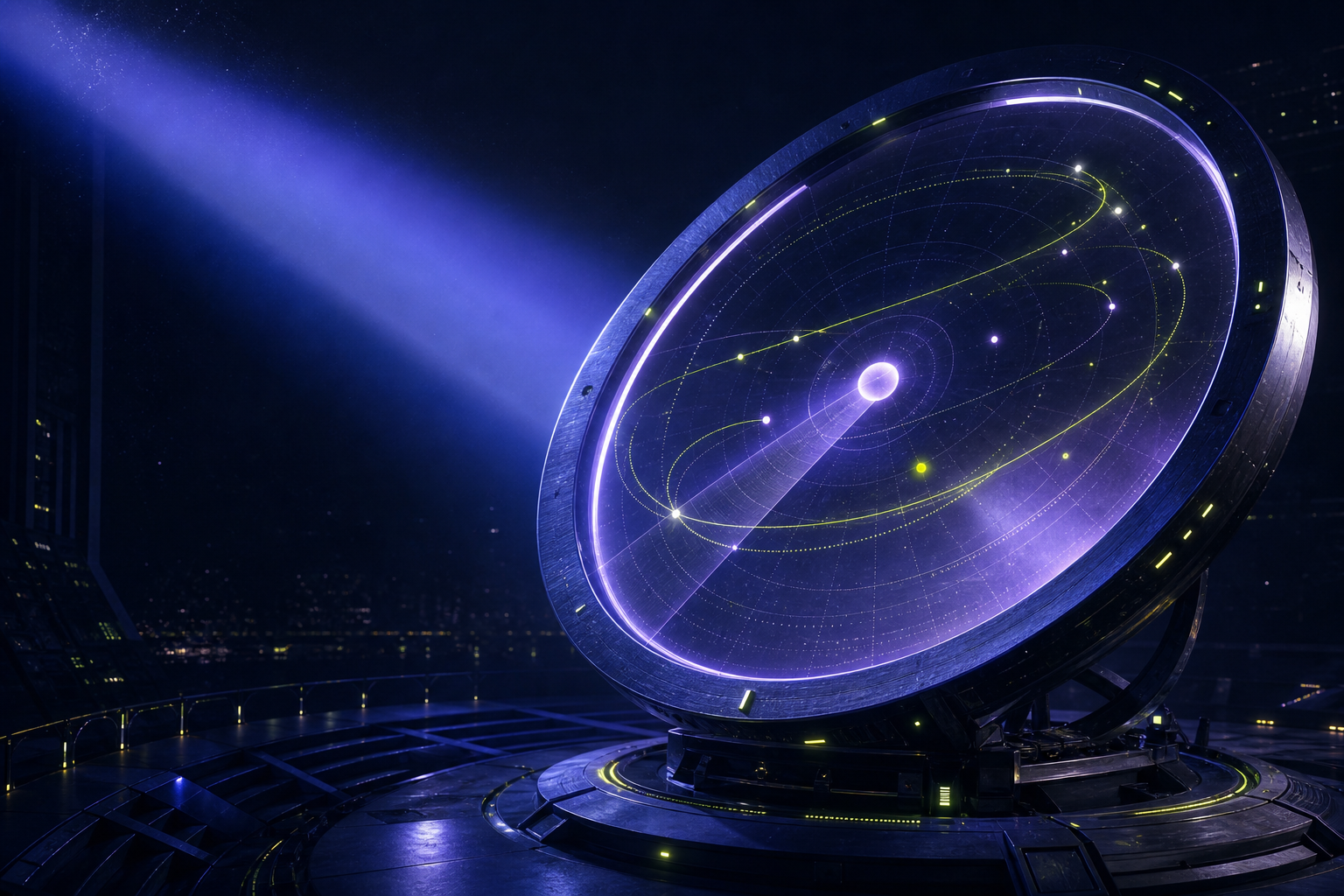 Antena orbital iluminada en azul, lavanda y lima