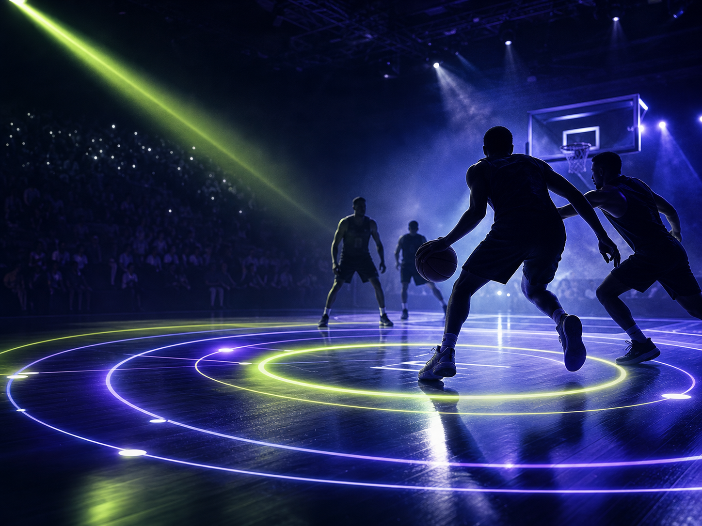 Partido de básquet en vivo con círculos de luz sobre la cancha