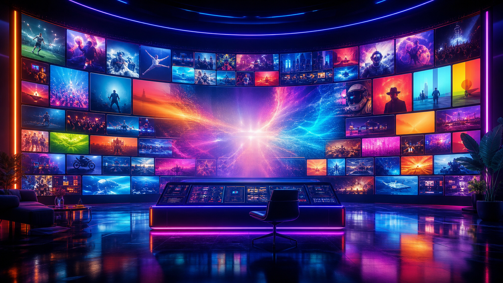 Mosaico de pantallas de televisión con luces violetas y cian