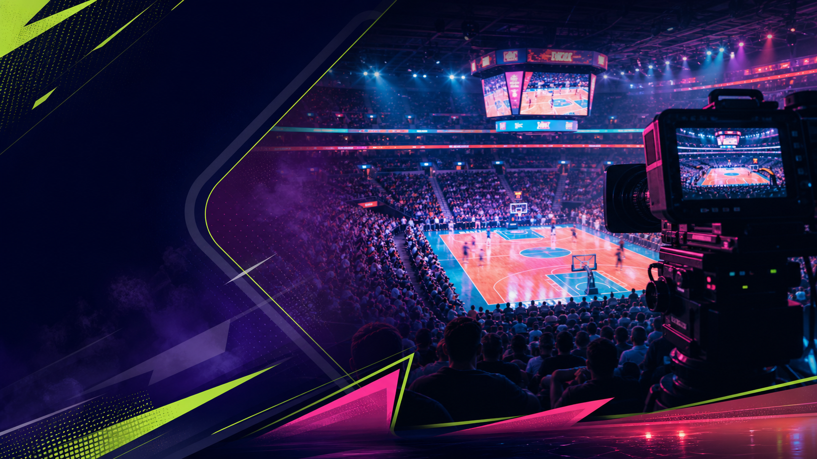 Partido de básquet transmitido en vivo con luces violetas y rosadas