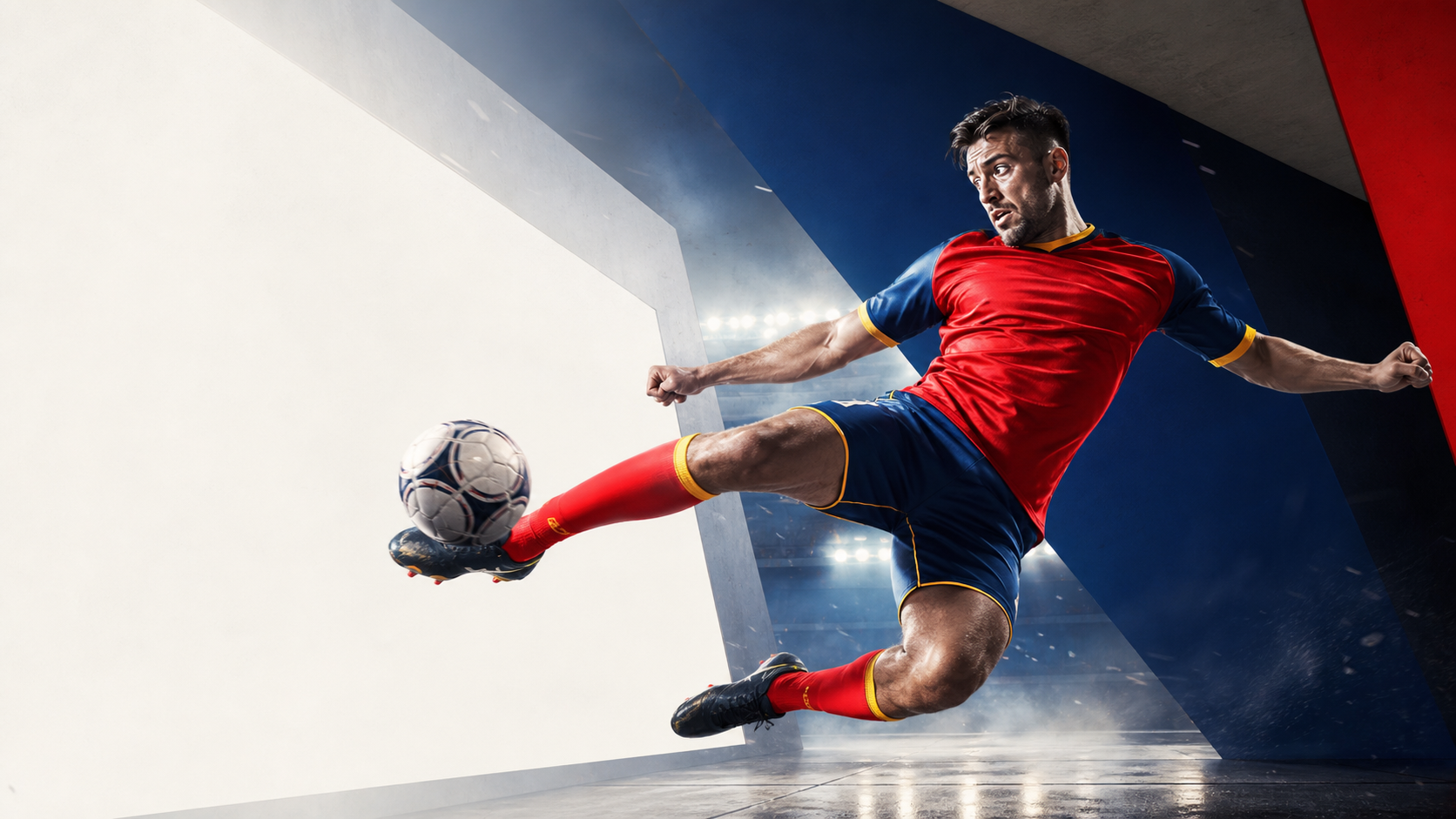 Futbolista ejecutando una volea dentro de una composición editorial azul y roja